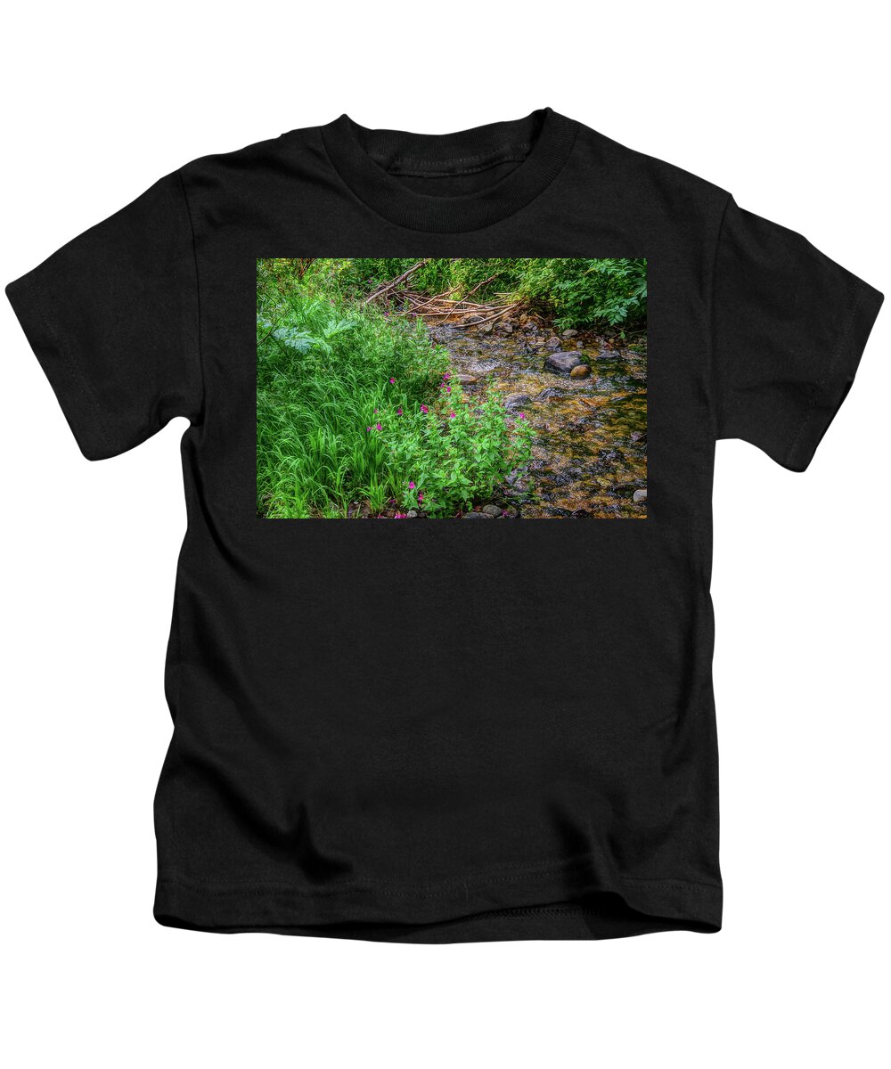 Outdoors Kids T-Shirt featuring the photograph Flowers in a mountain stream by Nathan Wasylewski
