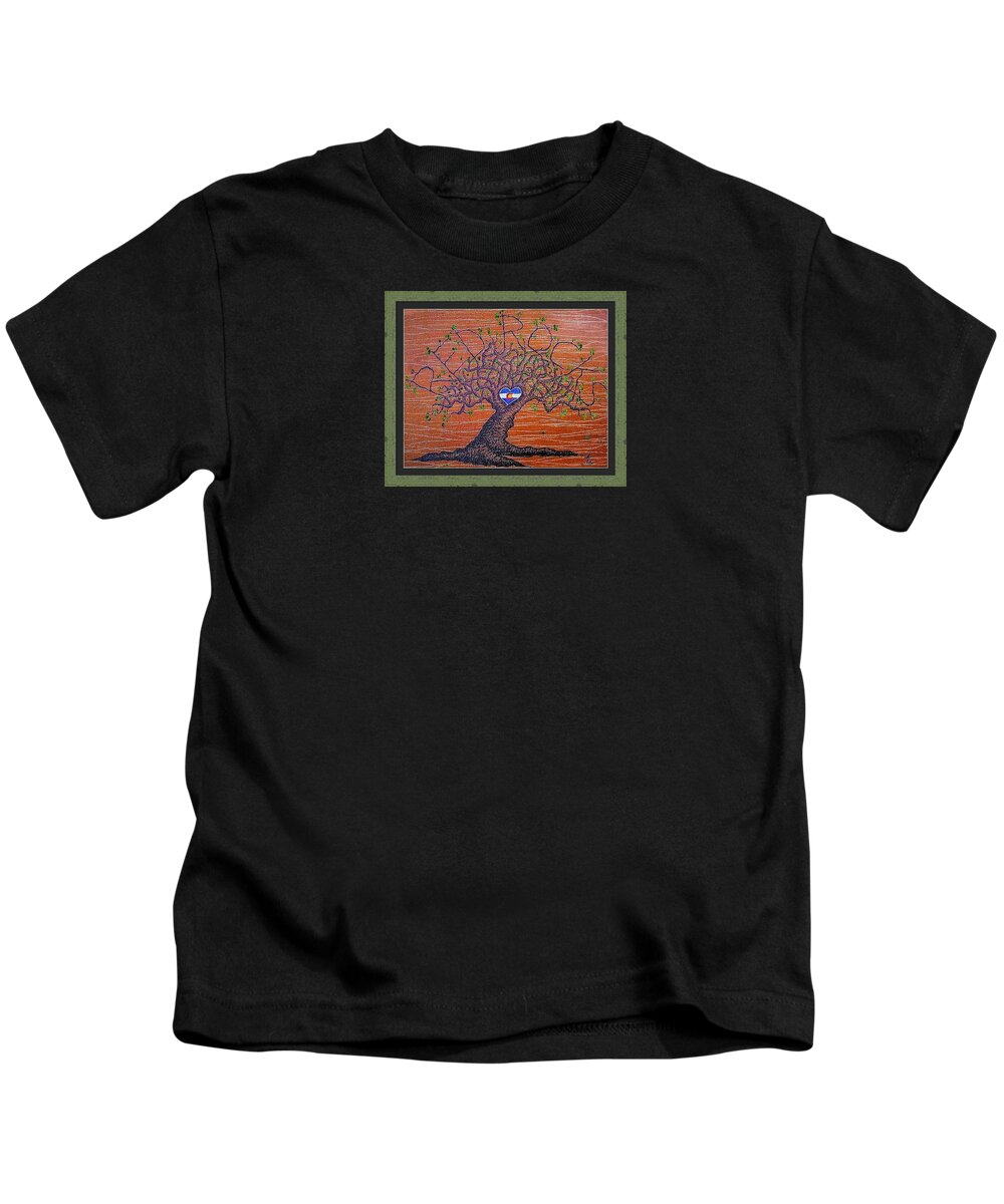 Red Rocks Kids T-Shirt featuring the drawing Framed Red Rocks Love Tree by Aaron Bombalicki