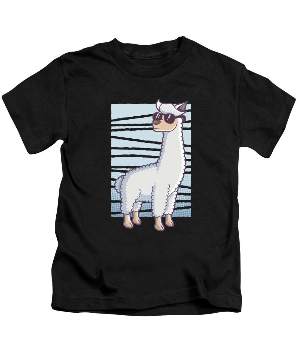 Llama Kids T-Shirt featuring the digital art Funny Mammal Alpaca Guanaco Camel Like Animal Wildlife Gift Llama With Sun Glasses by Thomas Larch