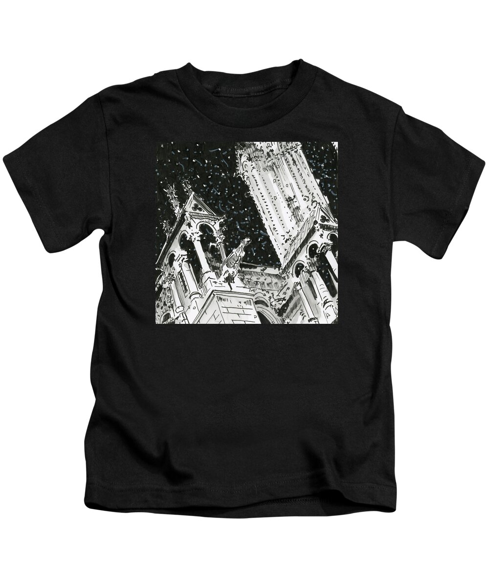 Paris Kids T-Shirt featuring the painting Gargoyle against swirling snow by Thomas Hamm