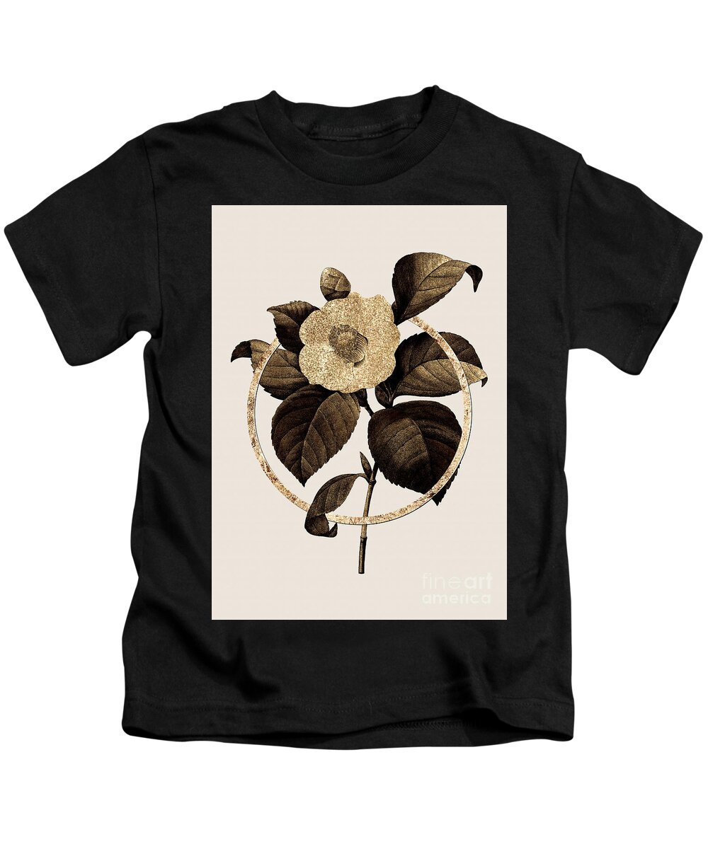 Vintage Kids T-Shirt featuring the painting Gold Ring Japanese Camelia Botanical Illustration Black and Gold n.0391 by Holy Rock Design