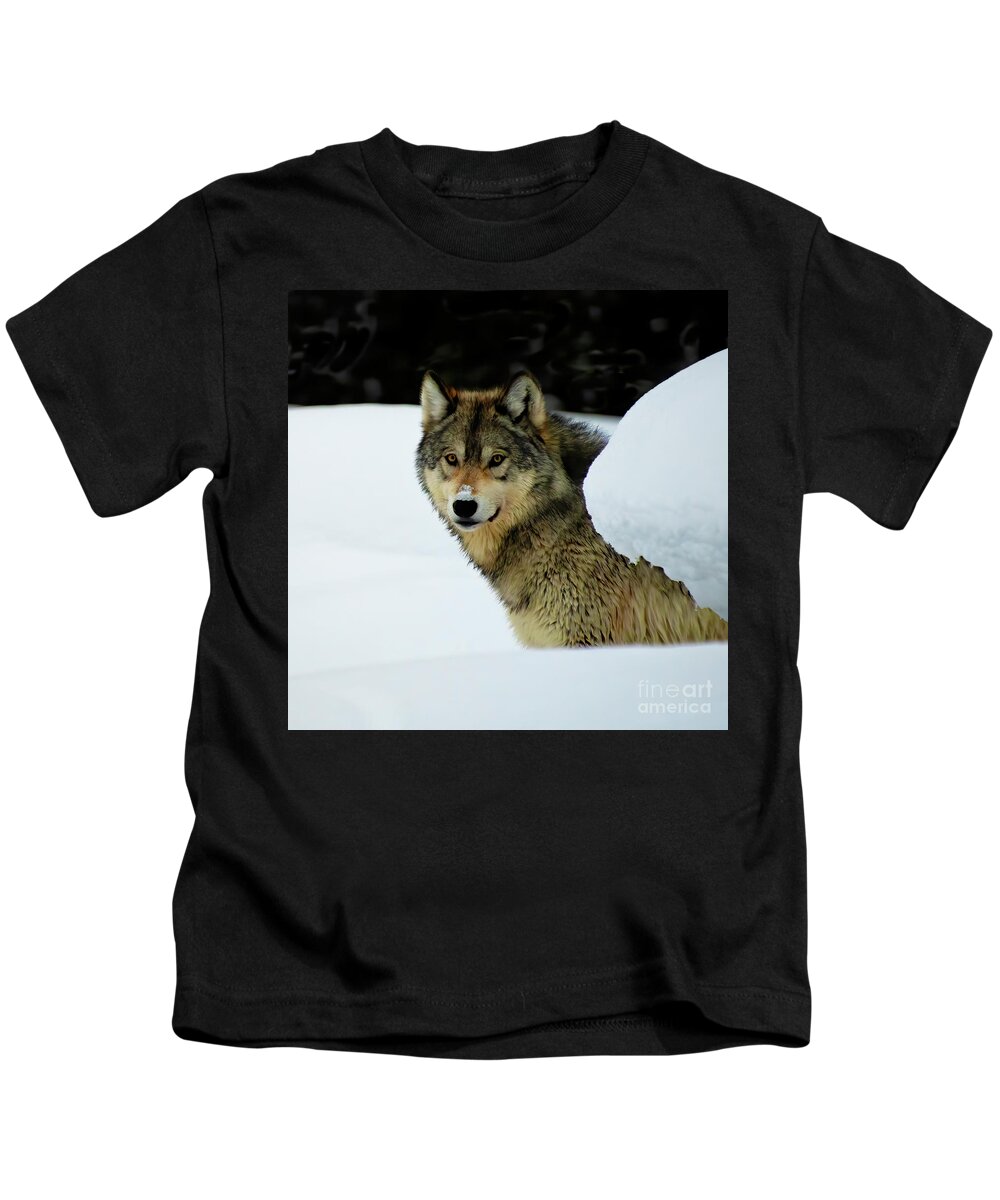 Yellowstone Kids T-Shirt featuring the photograph Gray Wolf by Patrick Nowotny