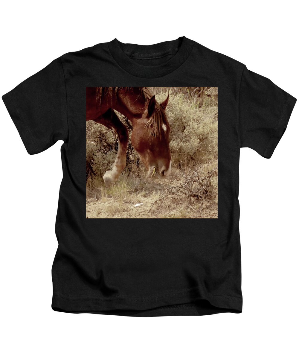 Horses Kids T-Shirt featuring the photograph Grazing by Karen Shackles