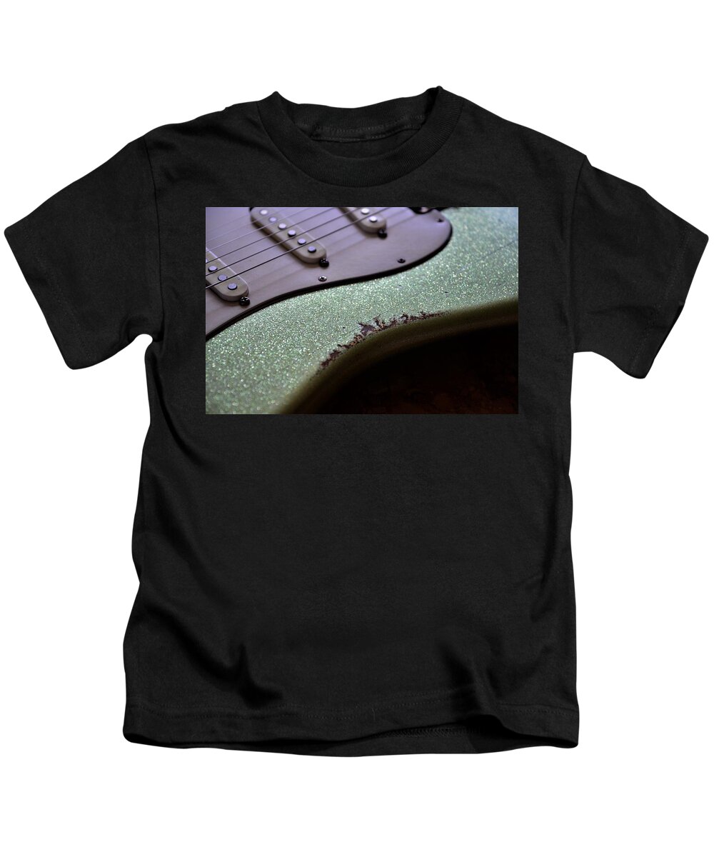 Fender Kids T-Shirt featuring the photograph Green Sparkle Aged Relic Guitar in Sunlight by Guitarwacky Fine Art