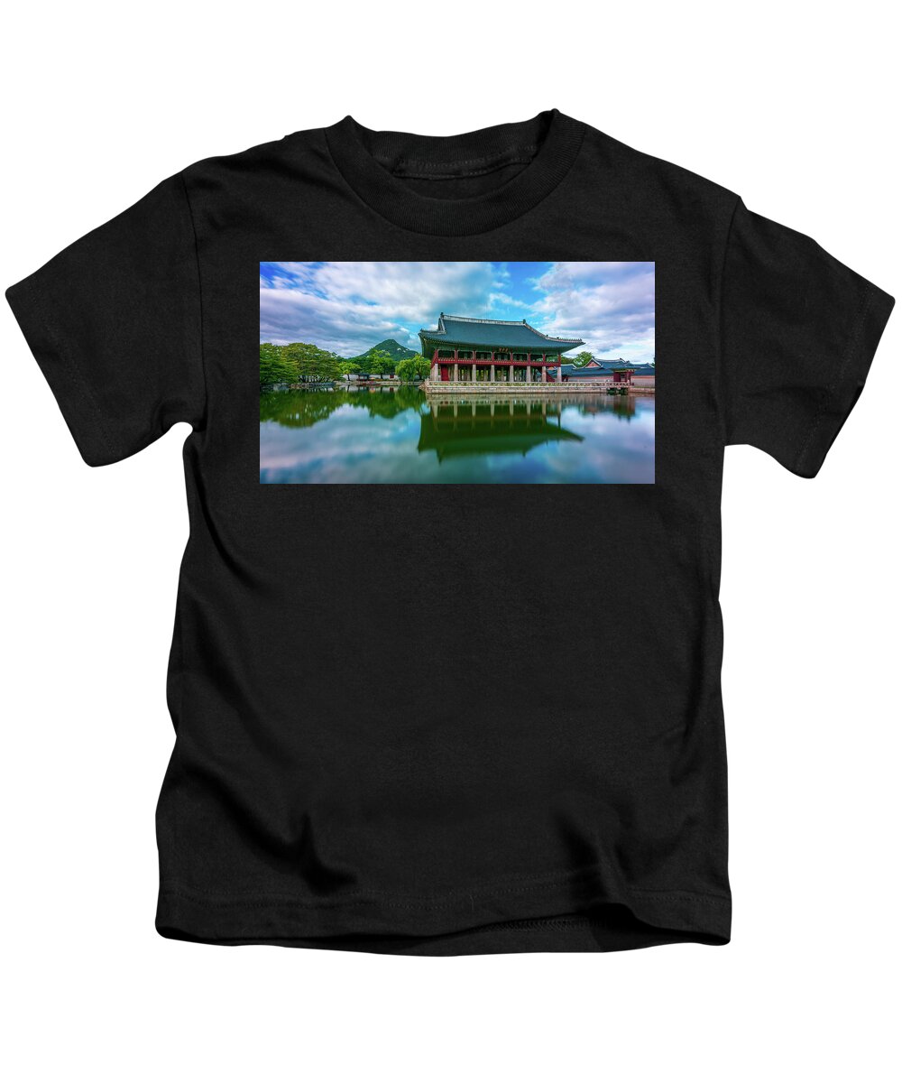 Ancient Kids T-Shirt featuring the digital art Gyeongbokgung Pavilion by Kevin McClish