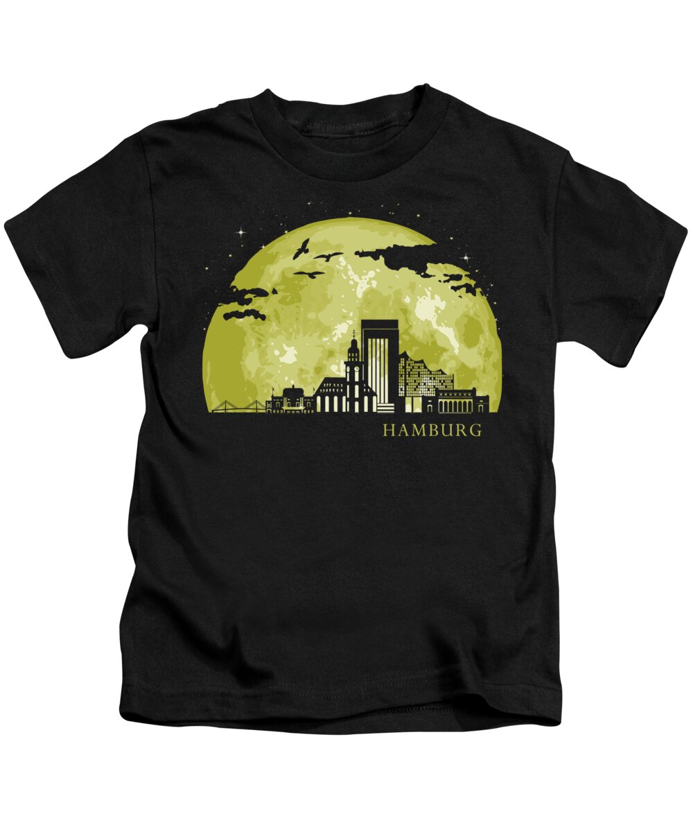 Deutchland Kids T-Shirt featuring the digital art HAMBURG Moon Light Night Stars Skyline by Filip Schpindel
