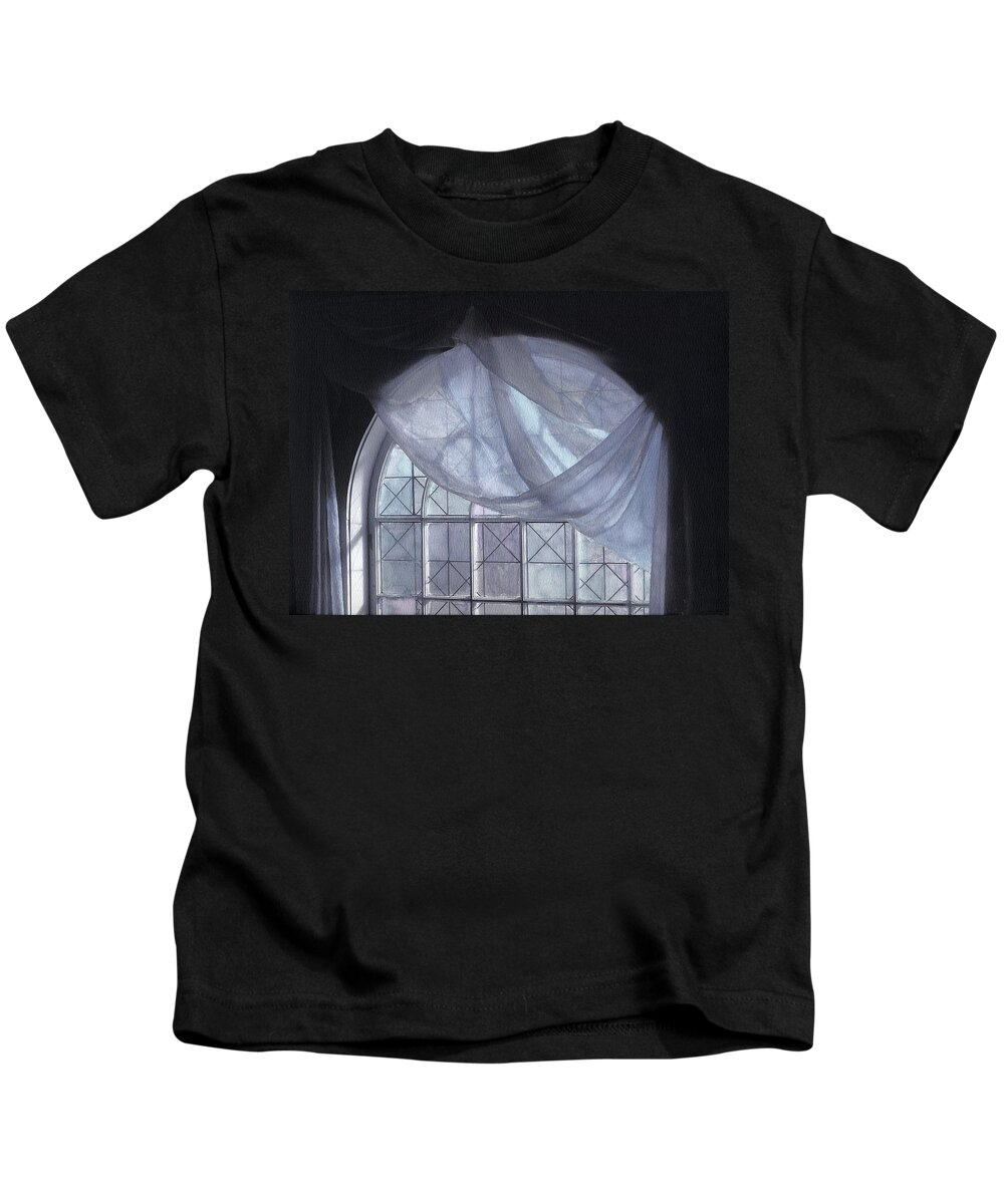 Blue Kids T-Shirt featuring the photograph Hand-painted Blue Curtain in an Arch Window by Wayne King