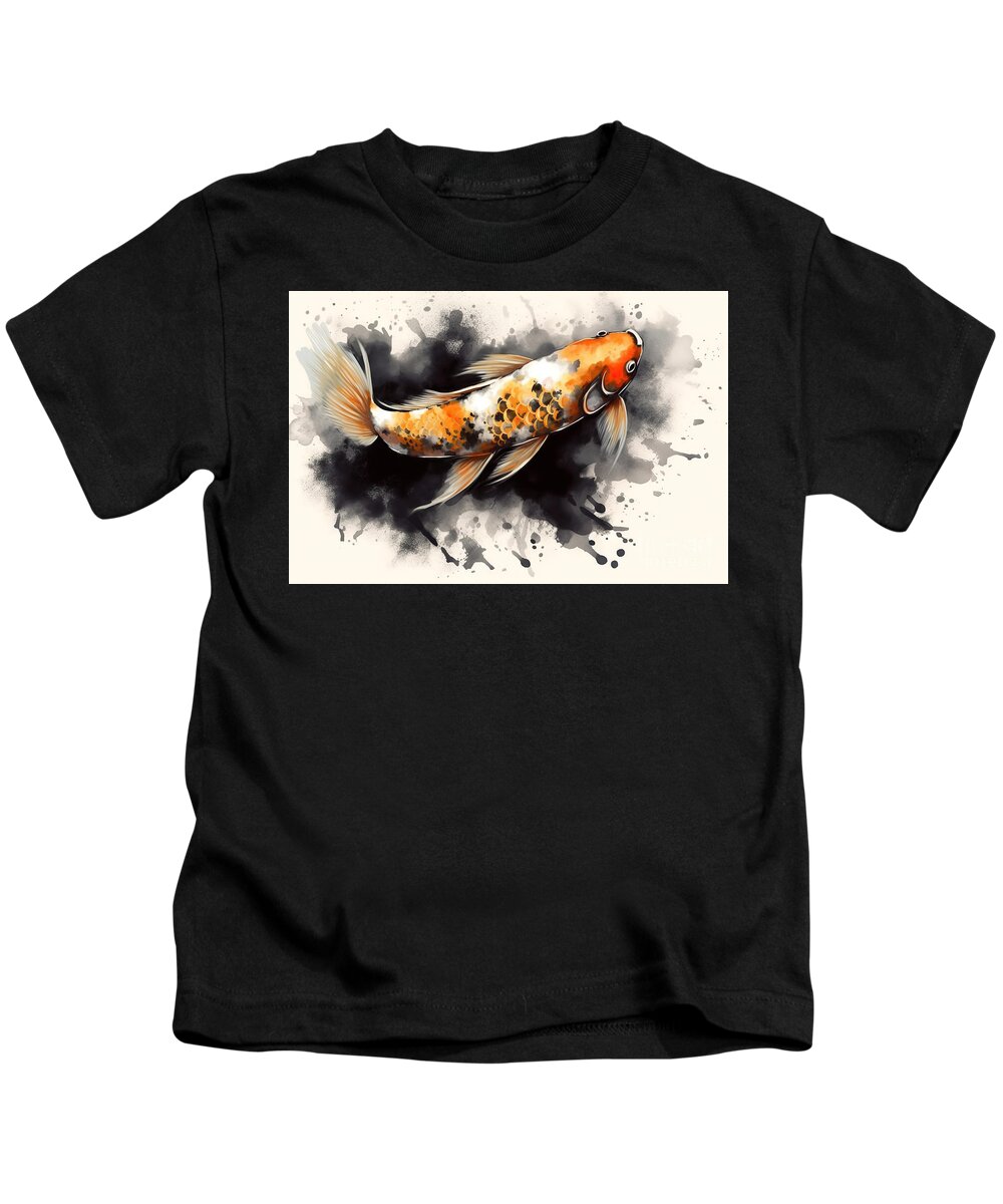 Koi Kids T-Shirt featuring the painting Japanese koi fish painting watercolor orange, black and gold on by N Akkash