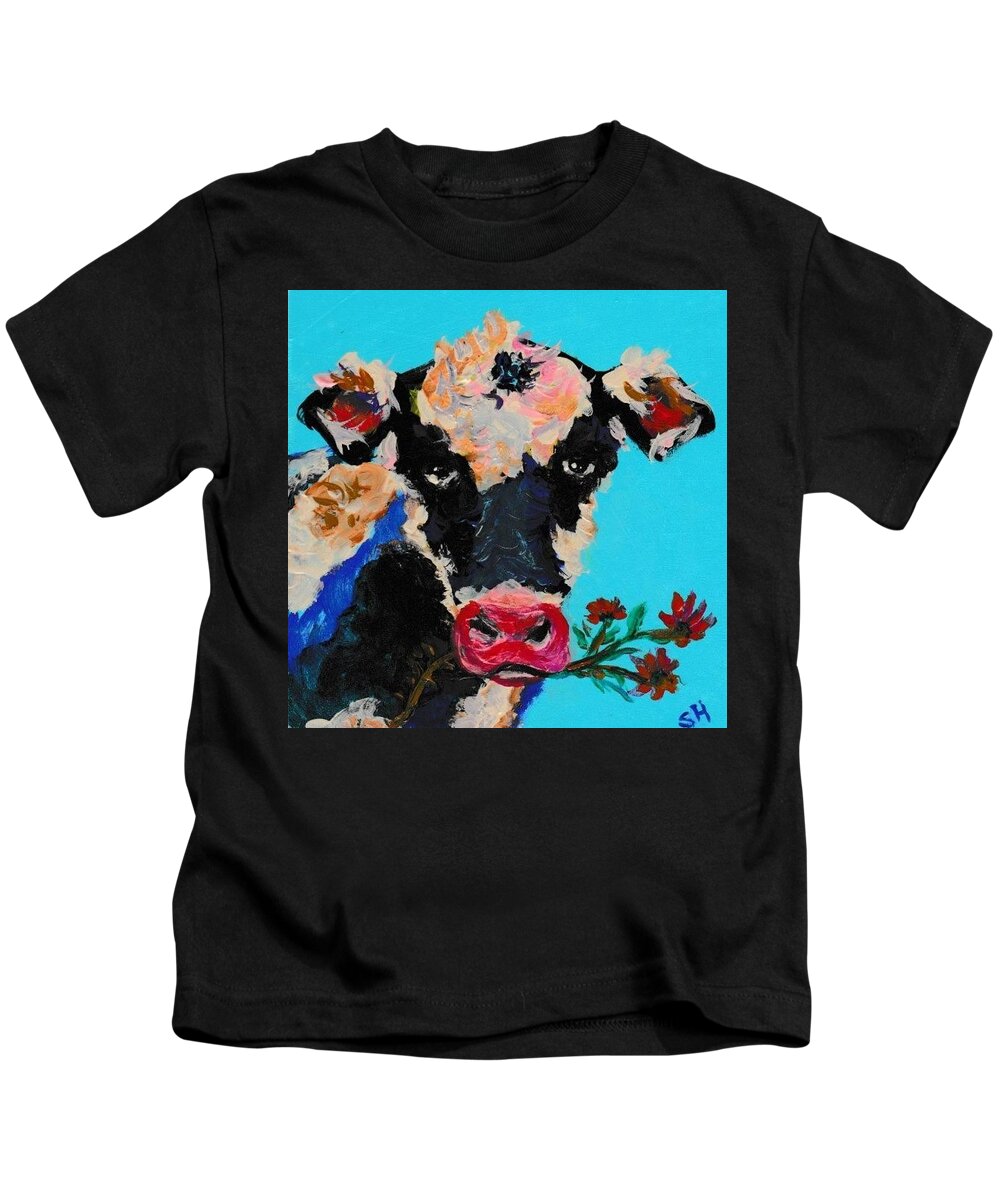 Cow Kids T-Shirt featuring the painting Just A Cow For No Particular Reason by Susan Hensel