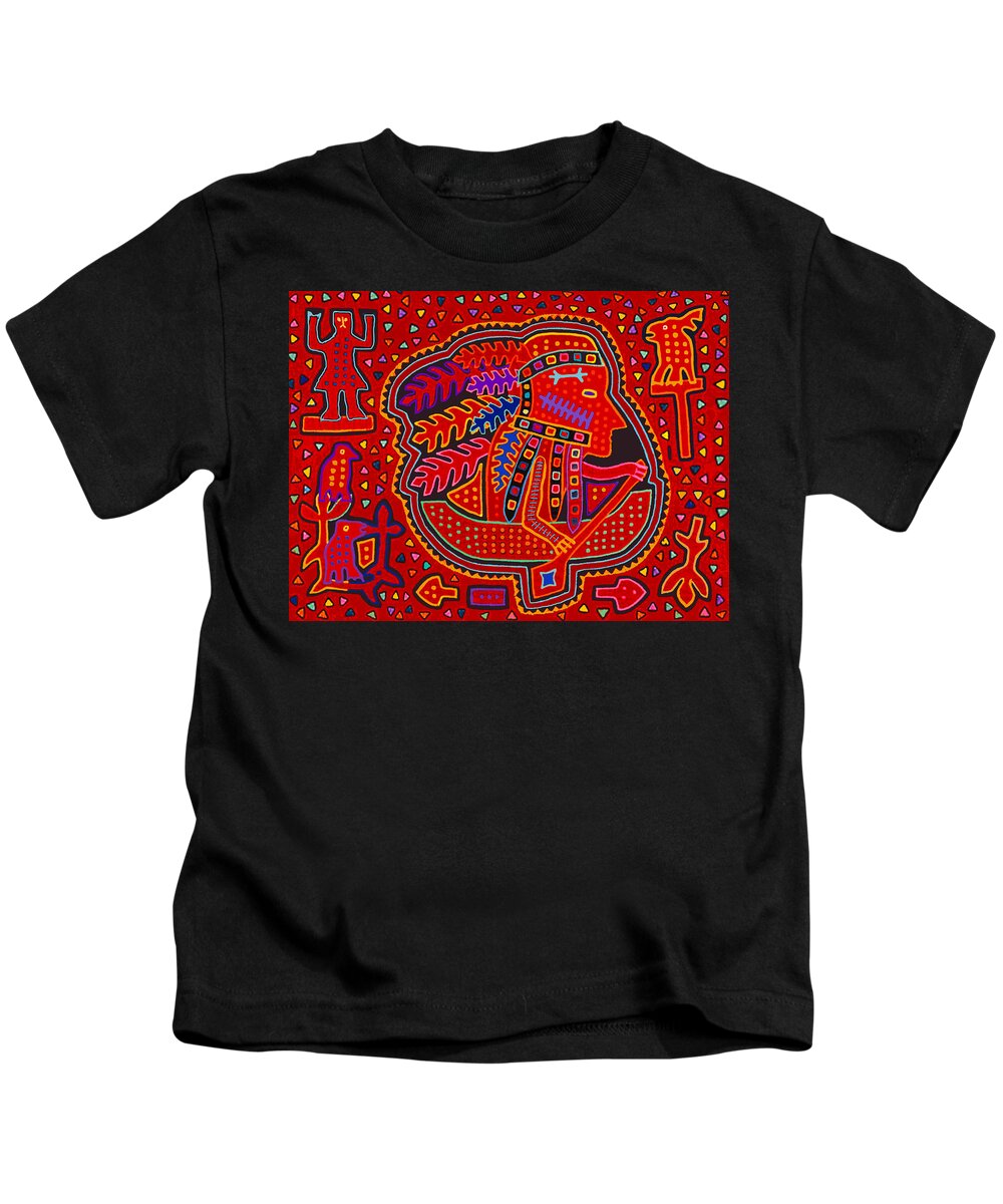 Kuna Indian Kids T-Shirt featuring the digital art Kuna Indian Paddling Canoe by Vagabond Folk Art - Virginia Vivier