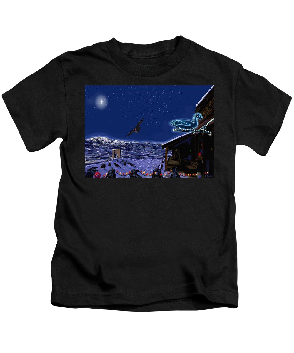 Blue Goose Kids T-Shirt featuring the digital art Last Chistmas Conspiracy at the Blue Goose by Les Herman