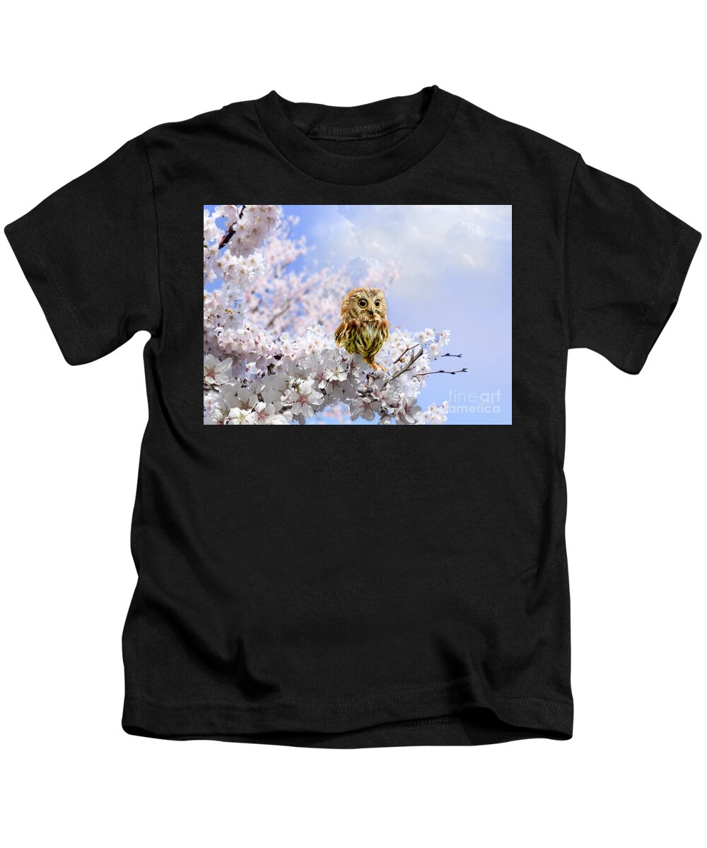 Owl Kids T-Shirt featuring the mixed media Little Owl on Cherry Tree by Morag Bates