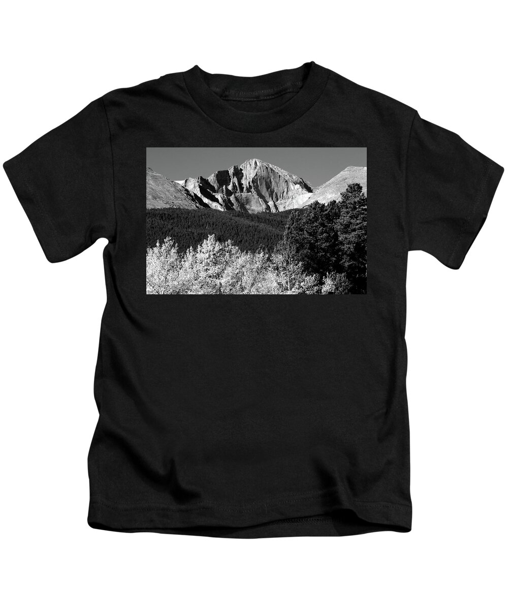 Mountains Kids T-Shirt featuring the photograph Longs Peak Autumn Aspen Landscape View BW by James BO Insogna