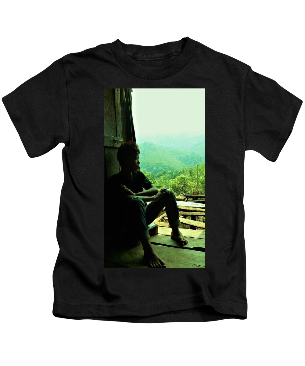 Green Kids T-Shirt featuring the photograph Looking outside by Robert Bociaga