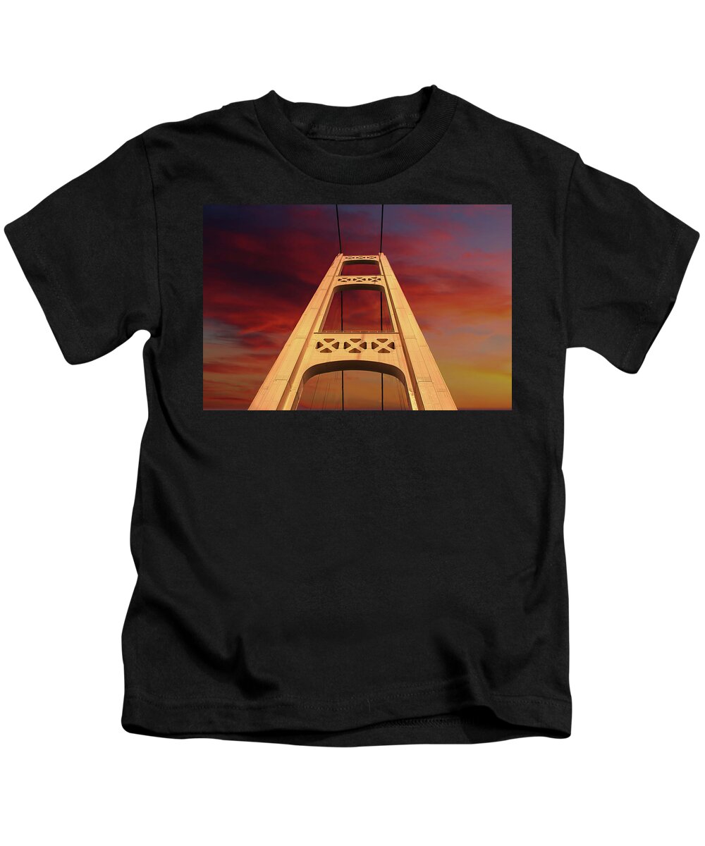 Mackinac Bridge At Sunset Kids T-Shirt featuring the digital art Mackinac Bridge Sunset by Stoneworks Imagery