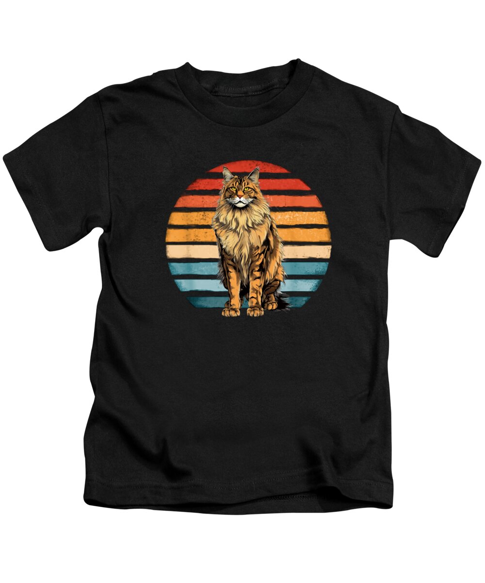 Maine Coon Kids T-Shirt featuring the digital art Maine Coon Cat Vintage Sunset Retro Kitten Cat Owner by Toms Tee Store