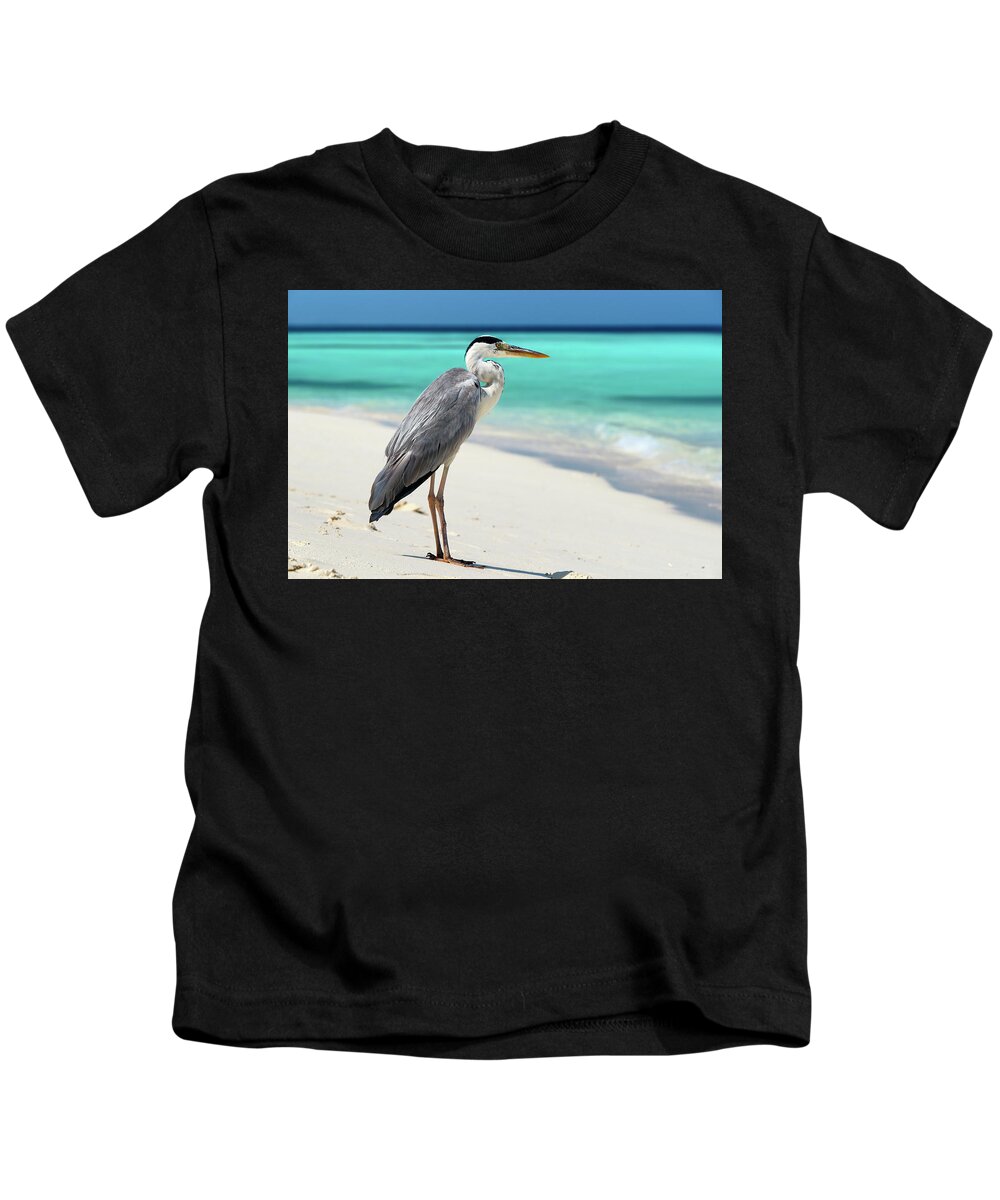 Grey Heron Kids T-Shirt featuring the photograph Maldives - Grey Heron by Olivier Parent