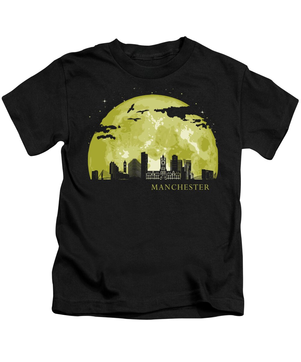 Great Britain Kids T-Shirt featuring the digital art MANCHESTER Moon Light Night Stars Skyline by Filip Schpindel