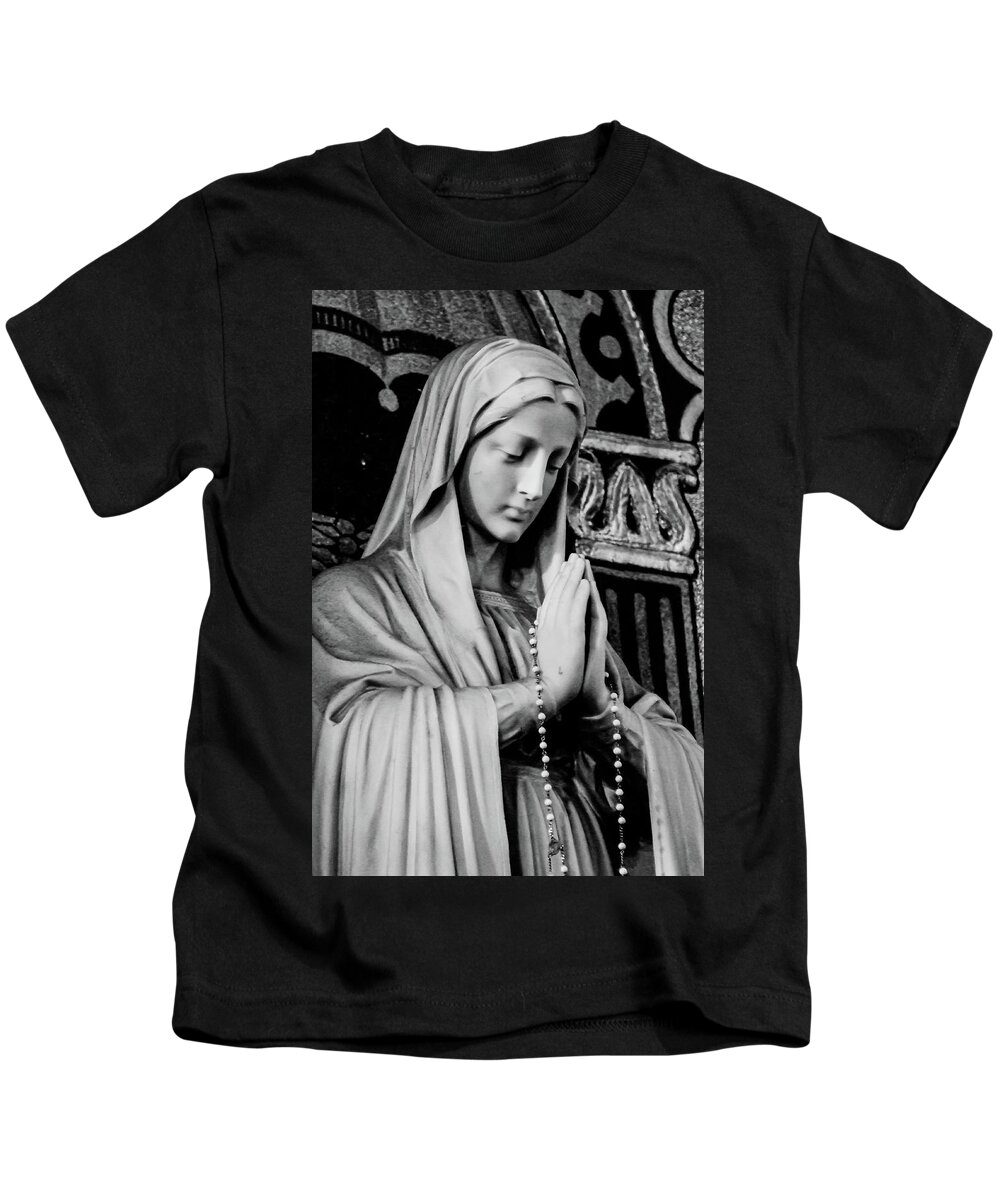 Mary Statue Church Rosary B&w Kids T-Shirt featuring the photograph Mary by John Linnemeyer