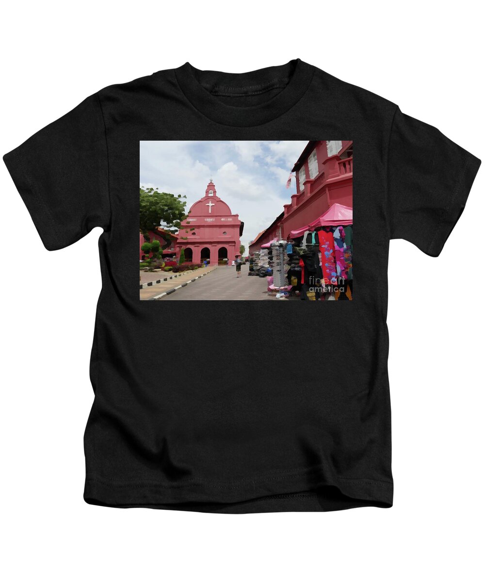 Christ Church Melaka Kids T-Shirt featuring the digital art Melaka Christ Church by On da Raks