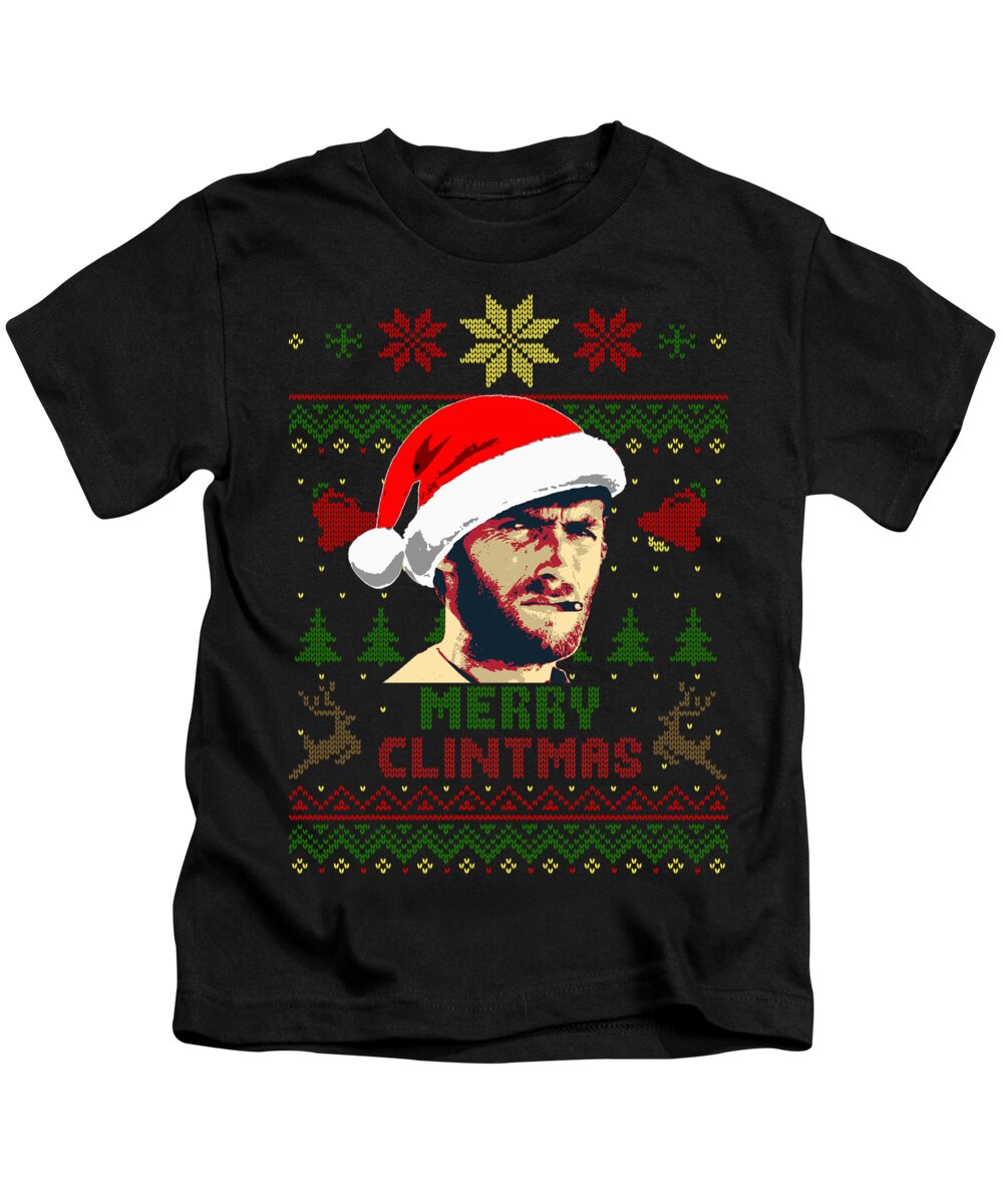 Santa Kids T-Shirt featuring the digital art Merry Clintmas Clint Eastwood Christmas by Megan Miller