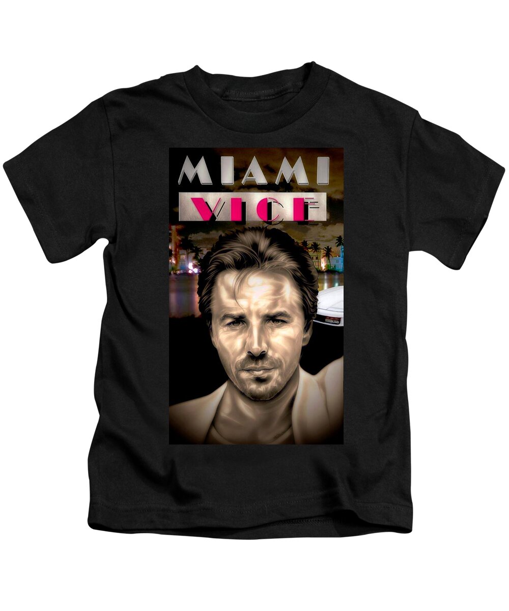 Miami Vice Kids T-Shirt featuring the drawing Miami Vice - Sonny Crockett - Poster Edition by Fred Larucci