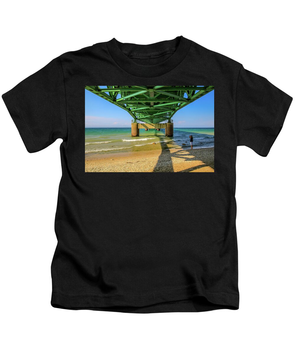 Mackinac Bridge Kids T-Shirt featuring the photograph Mighty Proportions by Deb Beausoleil