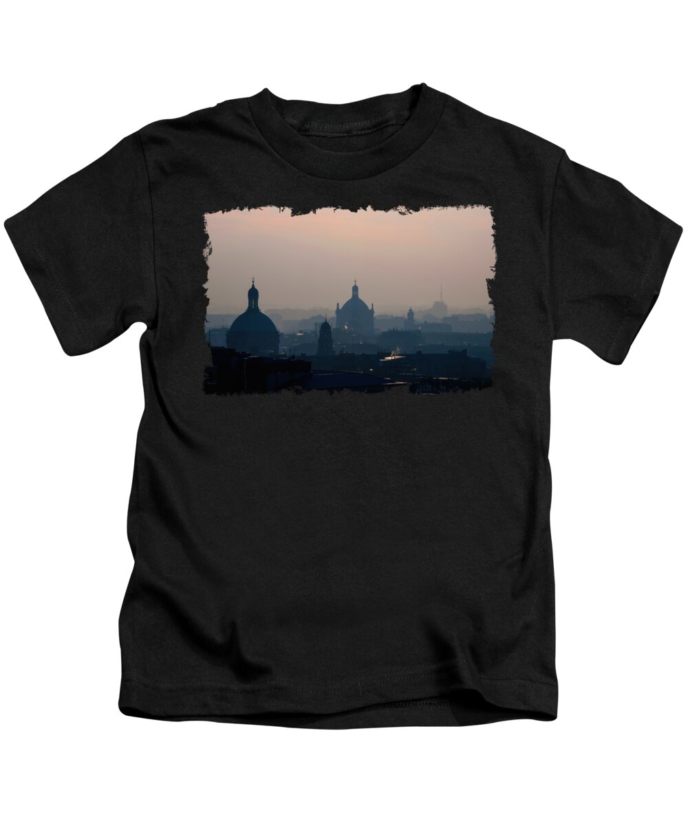 Italy Kids T-Shirt featuring the photograph Milano Foggy Panorama Skyline Church Dome Rooftops by Andreea Eva Herczegh