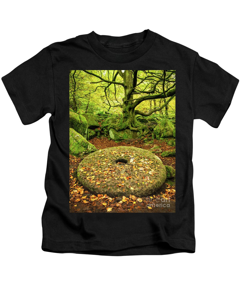 Abandoned Kids T-Shirt featuring the photograph Millstone at Padley Gorge, Peak District National Park, Derbyshire, England by Neale And Judith Clark
