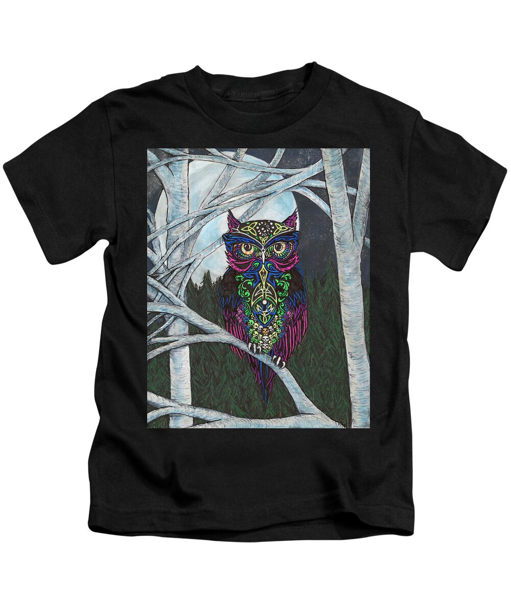 Owl Kids T-Shirt featuring the painting Mystic by Megan Thompson