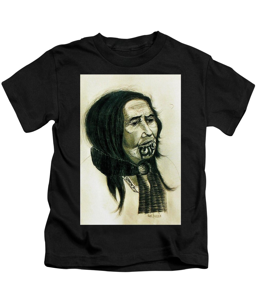 Native American Indian Woman . Kids T-Shirt featuring the drawing Native Woman by Jack Harries