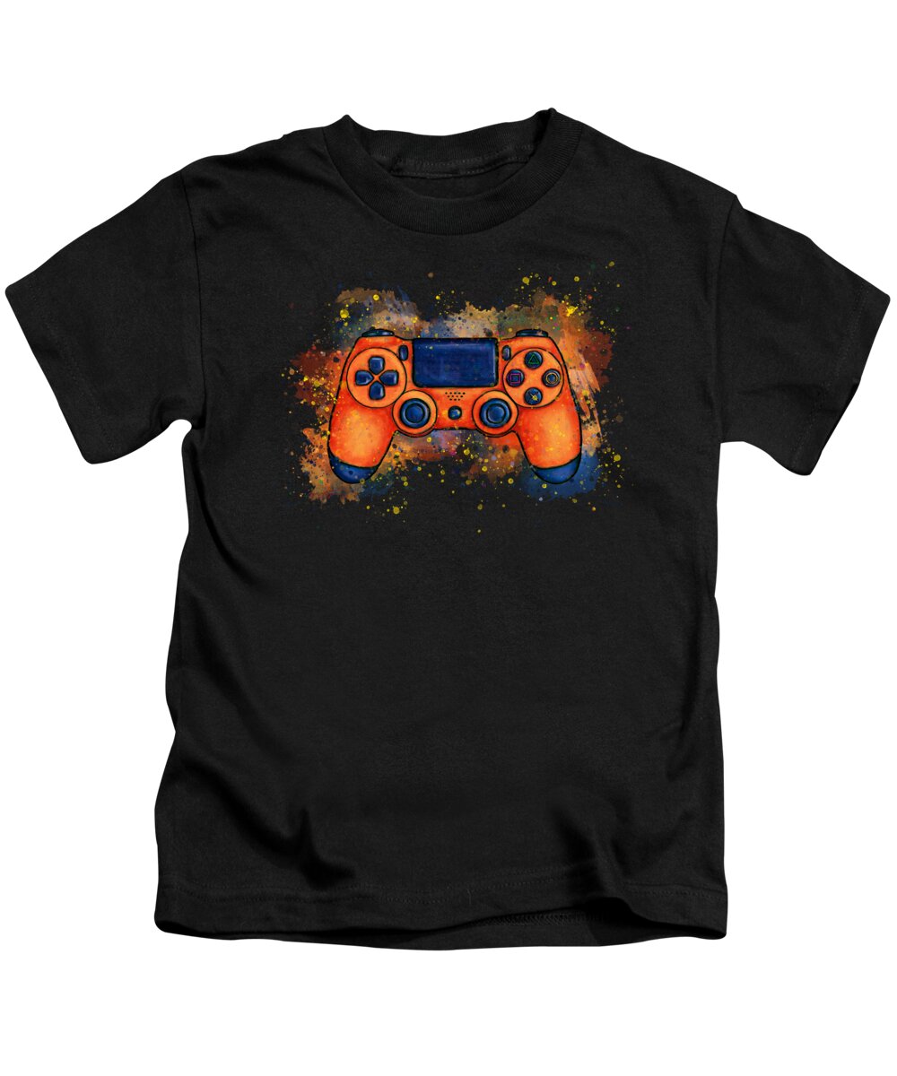 Gaming Kids T-Shirt featuring the painting Orange game controller splatter art, gaming by Nadia CHEVREL