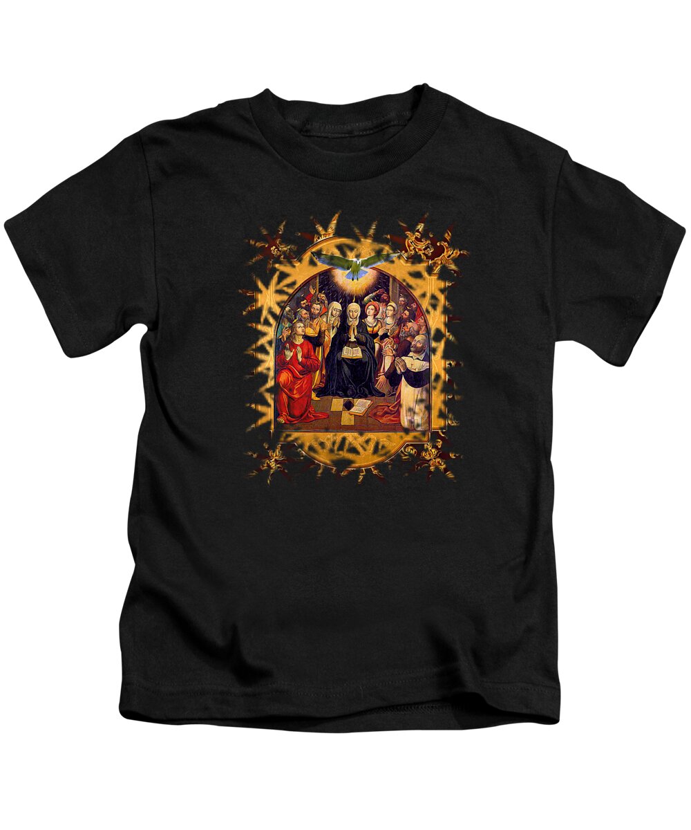 Pentecost Kids T-Shirt featuring the mixed media Pentecost Virgin Mary and Apostles by Ancient icon