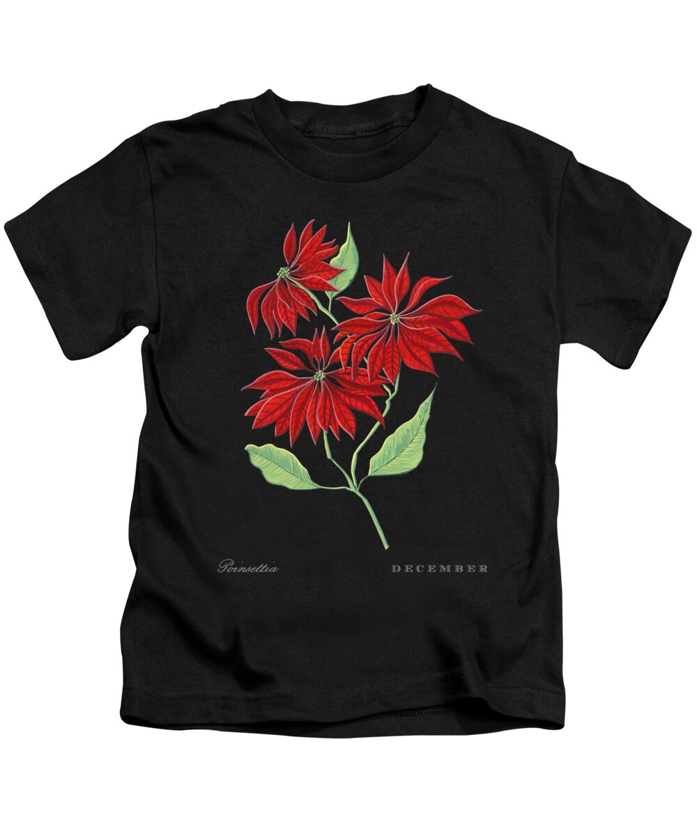Poinsettia Kids T-Shirt featuring the painting Poinsettia December Birth Month Flower Botanical Print on Black - Art by Jen Montgomery by Jen Montgomery