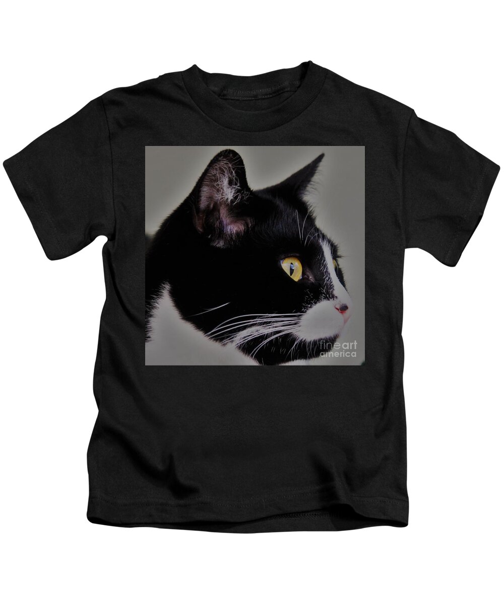 Cats Kids T-Shirt featuring the photograph Profile of a black and white cat by Joanne Carey
