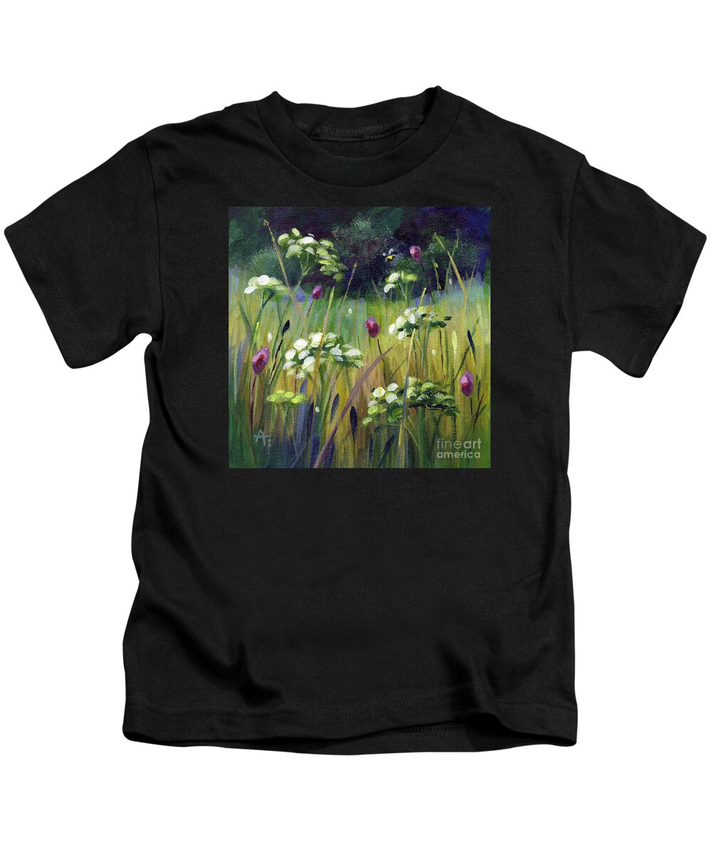 Spring Kids T-Shirt featuring the painting Queen Anne's Lace - Flower field painting by Annie Troe