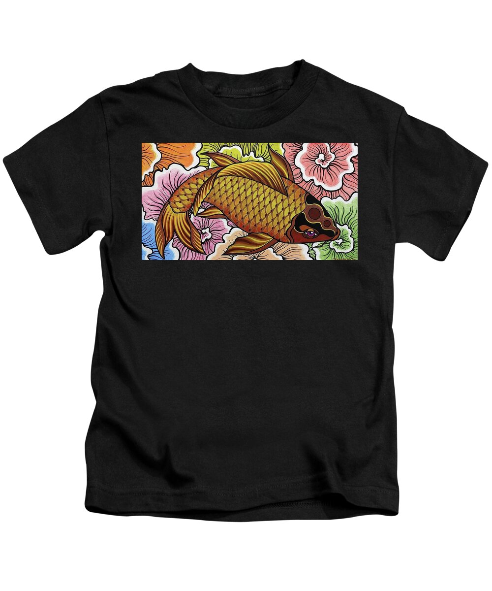  Kids T-Shirt featuring the painting Rainbow Koi Fish by Bryon Stewart