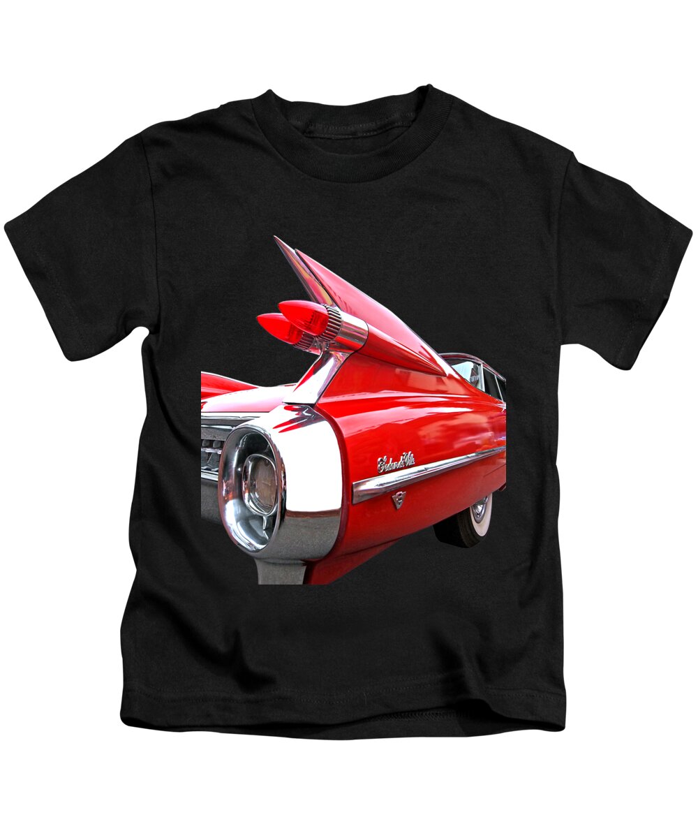 Cadillac Kids T-Shirt featuring the photograph Red Cadillac Sedan de Ville 1959 Tail Fins by Gill Billington