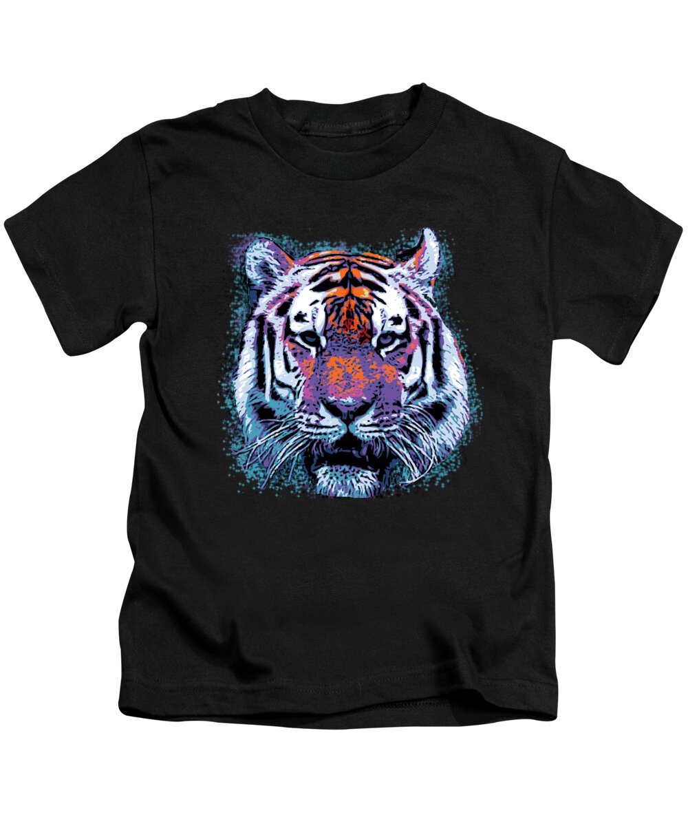 Funny Kids T-Shirt featuring the digital art Retro 80s Tiger Face Splatter Paint by Flippin Sweet Gear