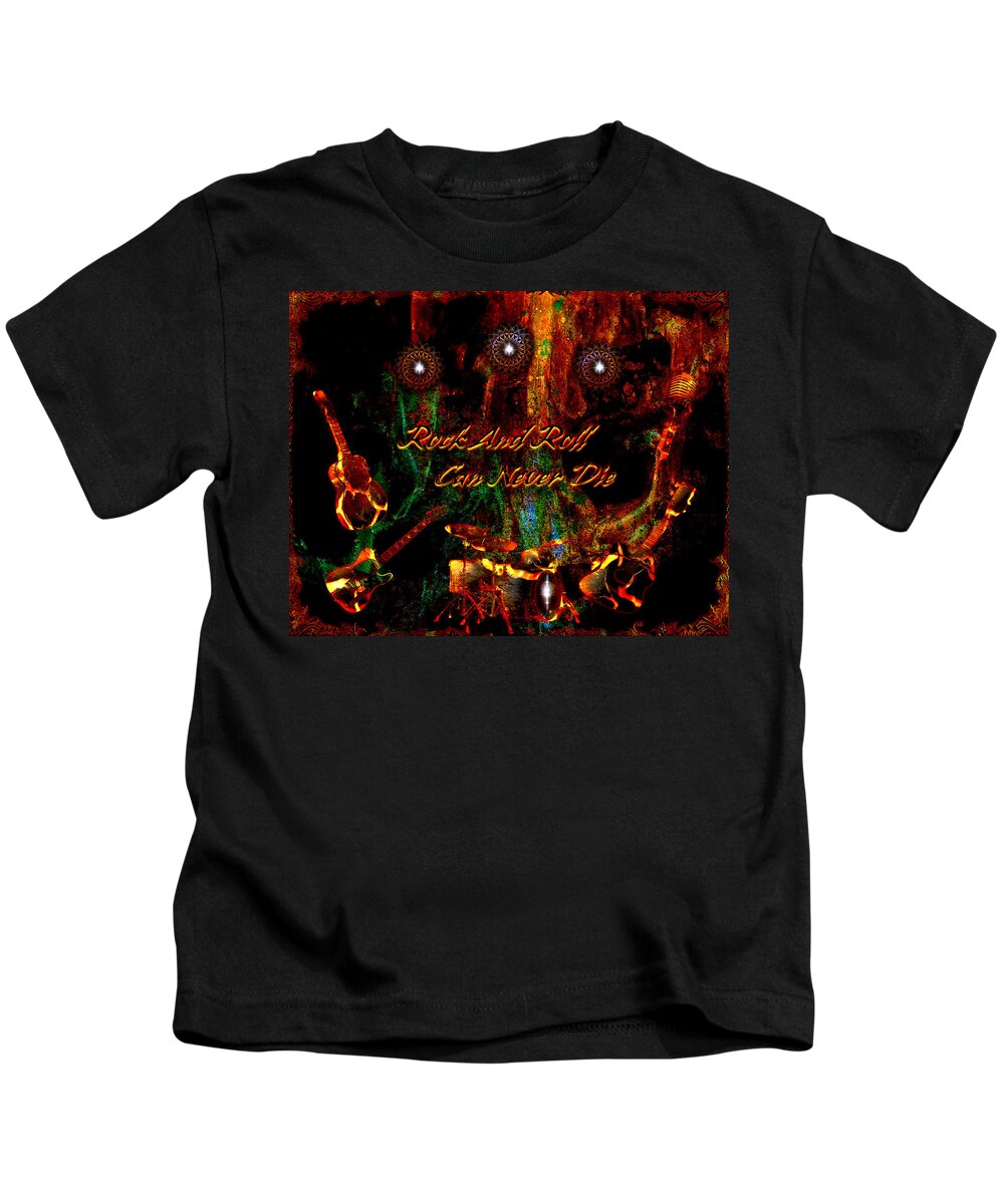 Classic Rock Kids T-Shirt featuring the digital art Rock And Roll Can Never Die by Michael Damiani