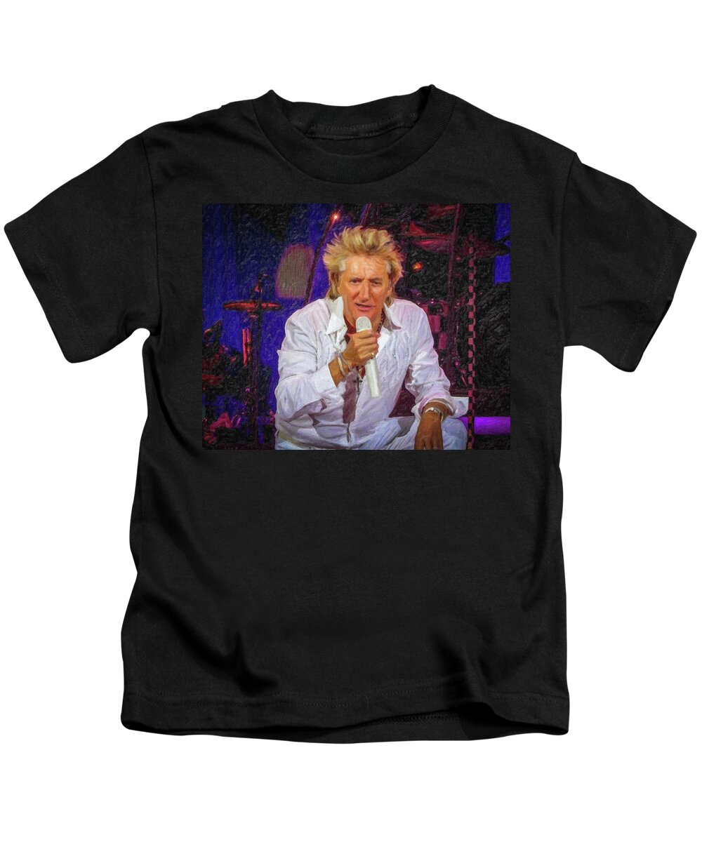 Myeress Kids T-Shirt featuring the photograph Rod Stewart in concert with painted effect by Joe Myeress