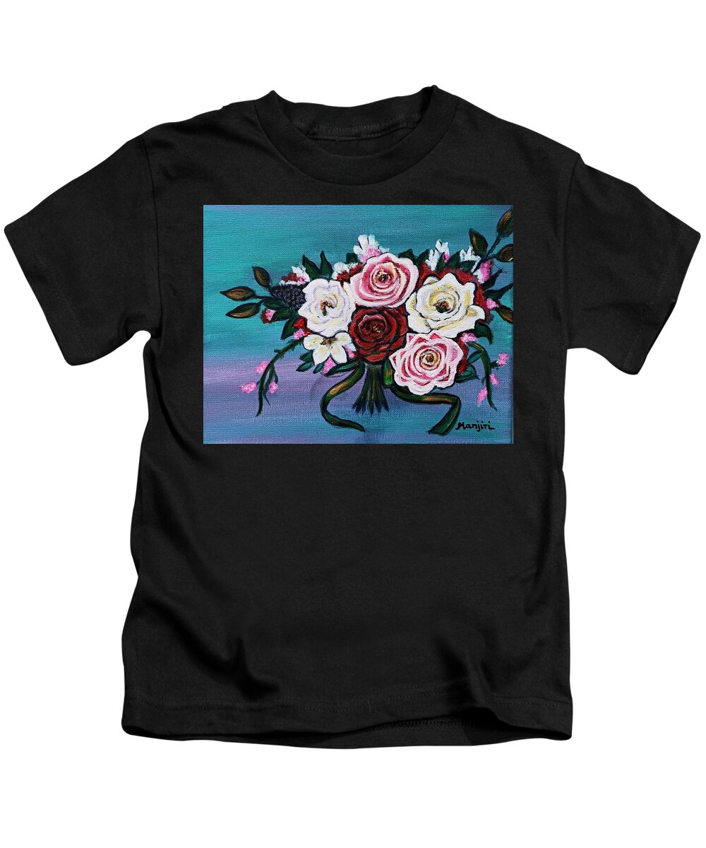 Flower's Kids T-Shirt featuring the painting Roses bouquet Floral fantasy by Manjiri Kanvinde