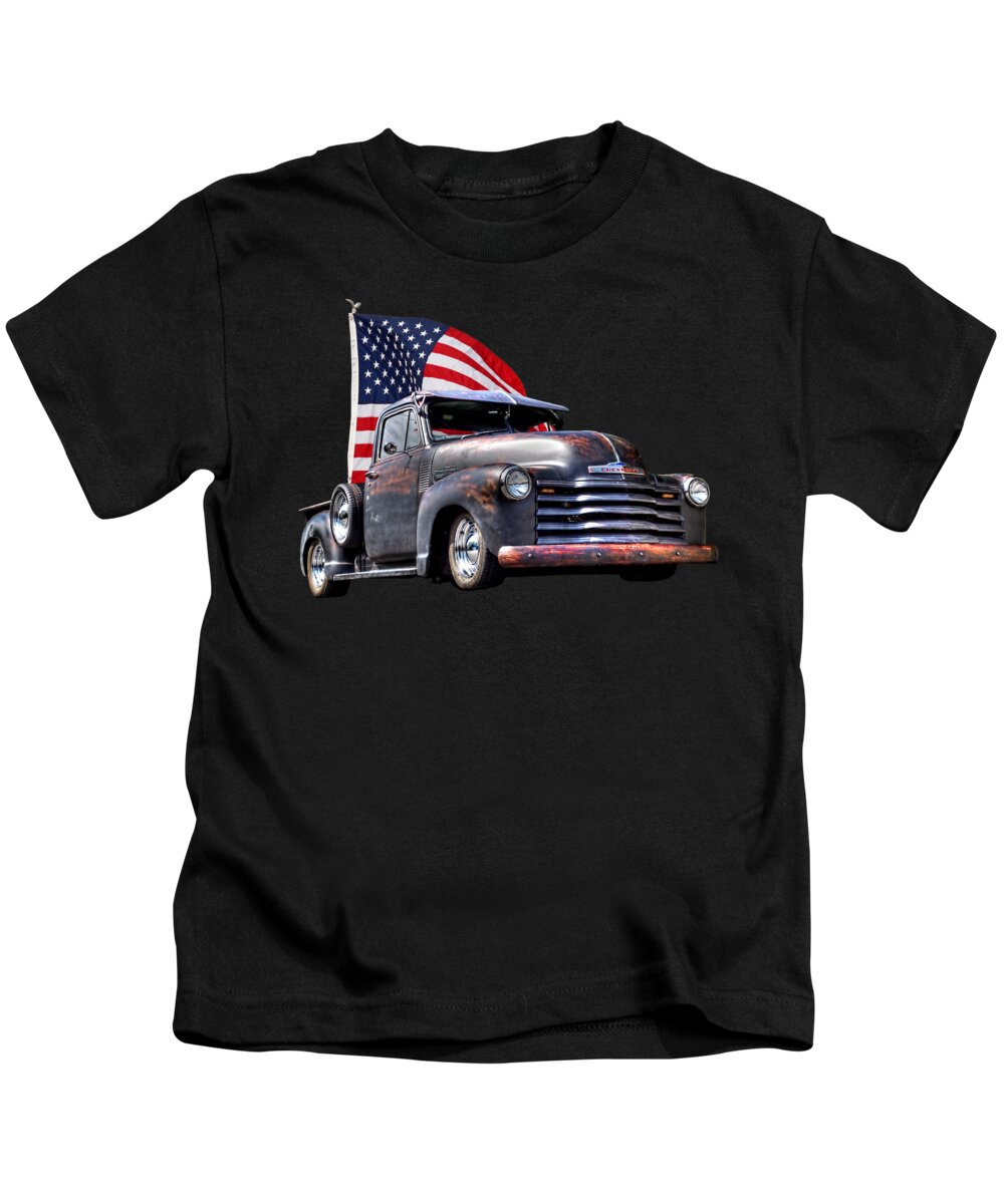 Chevrolet Truck Kids T-Shirt featuring the photograph Rusty 1951 Chevy Truck With US Flag by Gill Billington