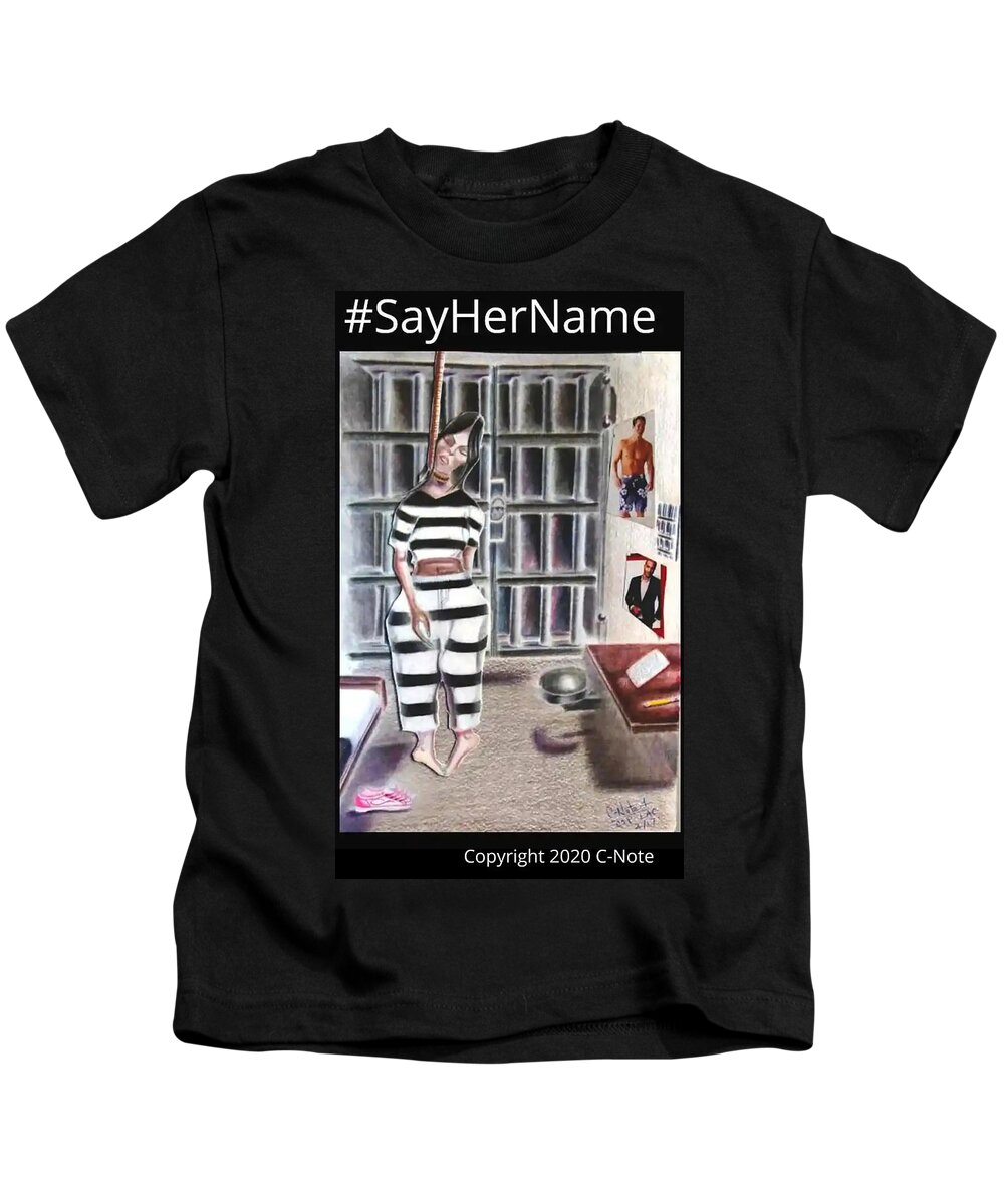 Black Art Kids T-Shirt featuring the drawing SayHerName by Donald C-Note Hooker