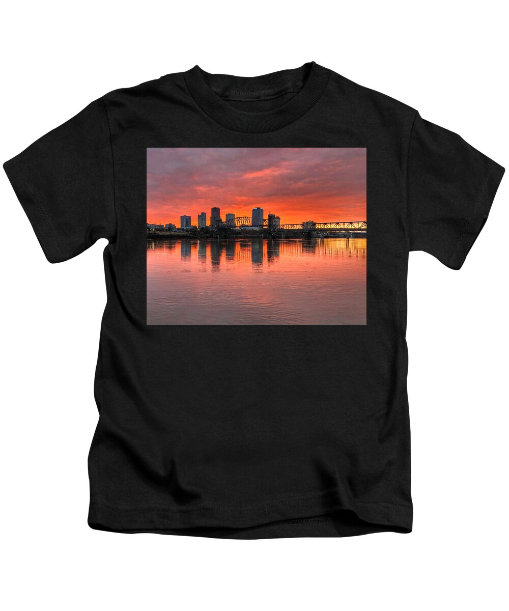 Sunset Kids T-Shirt featuring the photograph Set Fire to the City -- A Little Rock Sunset by Michael Dean Shelton