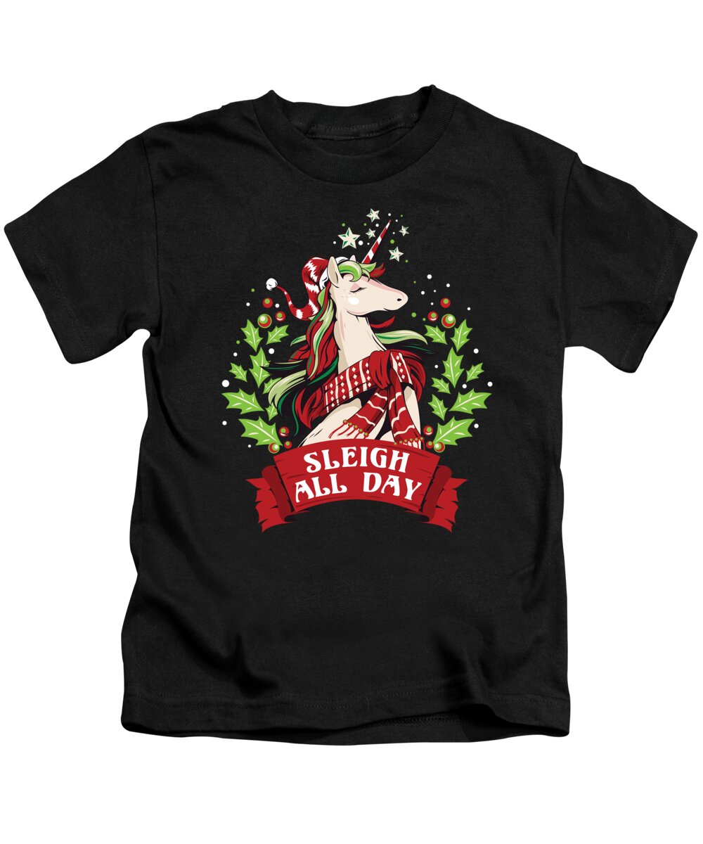 Christmas 2023 Kids T-Shirt featuring the digital art Sleigh All Day Cute Santa Unicorn Christmas by Flippin Sweet Gear