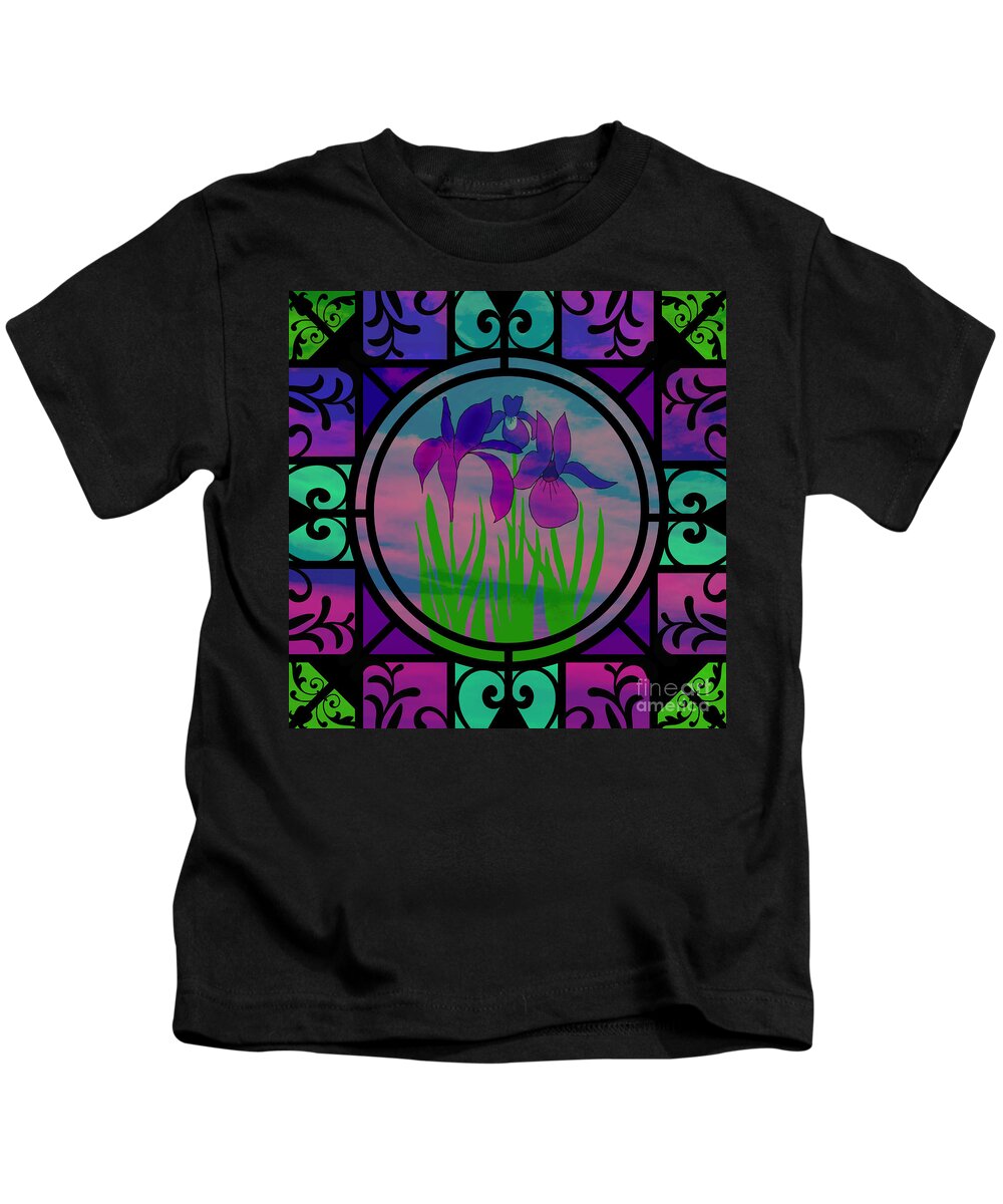 Irises Kids T-Shirt featuring the mixed media Stained Glass Irises by Diamante Lavendar