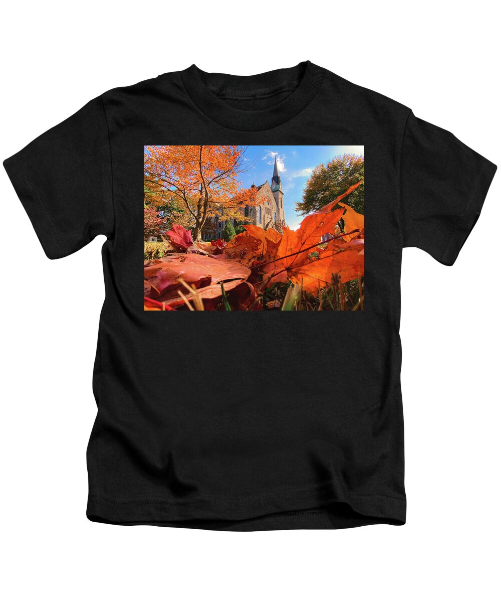 Stone Kids T-Shirt featuring the photograph Stone Chapel and Leaves by Allin Sorenson