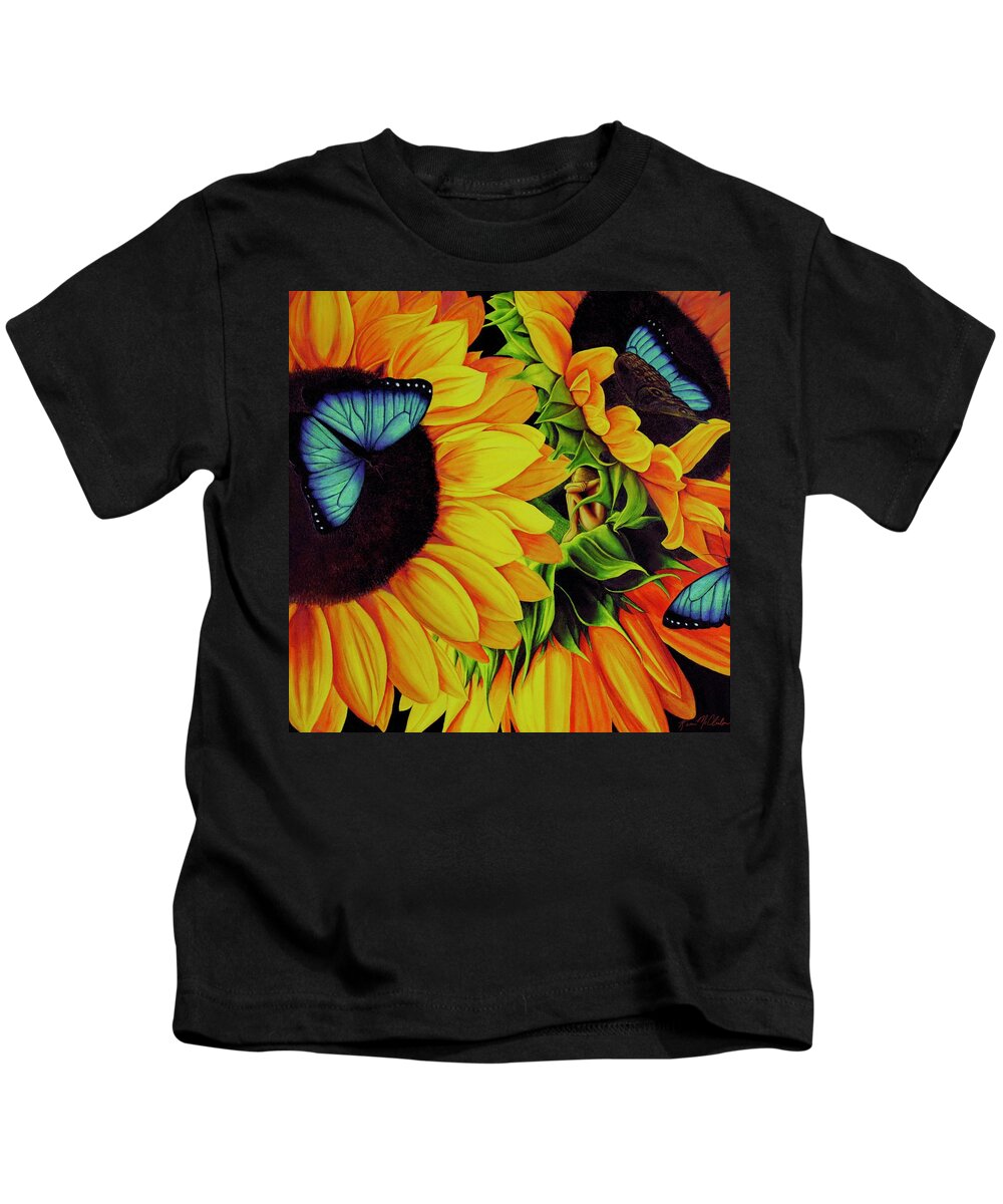 Kim Mcclinton Kids T-Shirt featuring the painting Blue Morpho Sunflower Dream by Kim McClinton