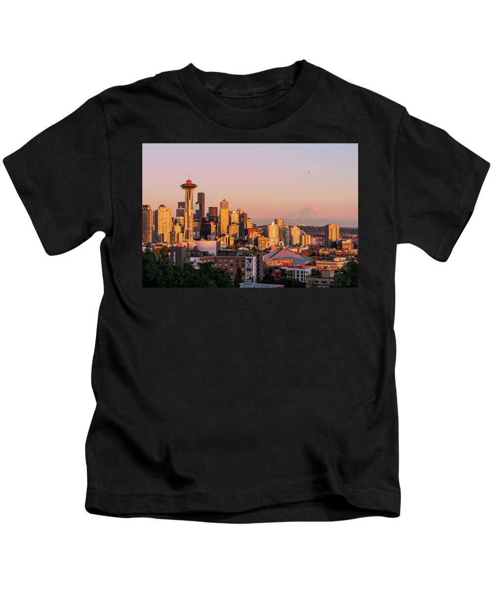 Outdoor; Sunset; Seattle; Downtown; Space Needle; Mt Rainier; Lenticular Cloud; Colors; Summer; Washington Beauty Kids T-Shirt featuring the digital art Sunrise Seattle From Kerry Park by Michael Lee